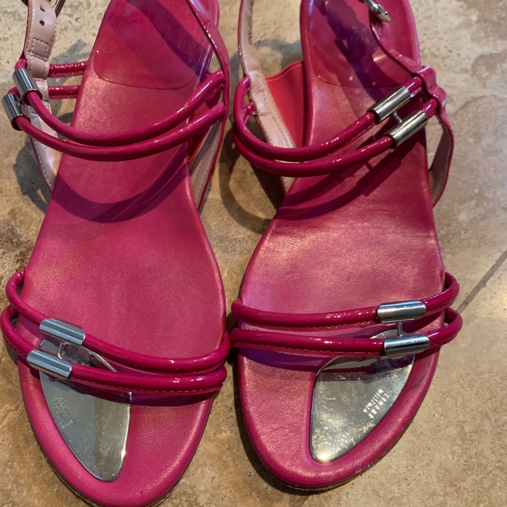 Stuart Weitzman hot pink sandals! Low wedge